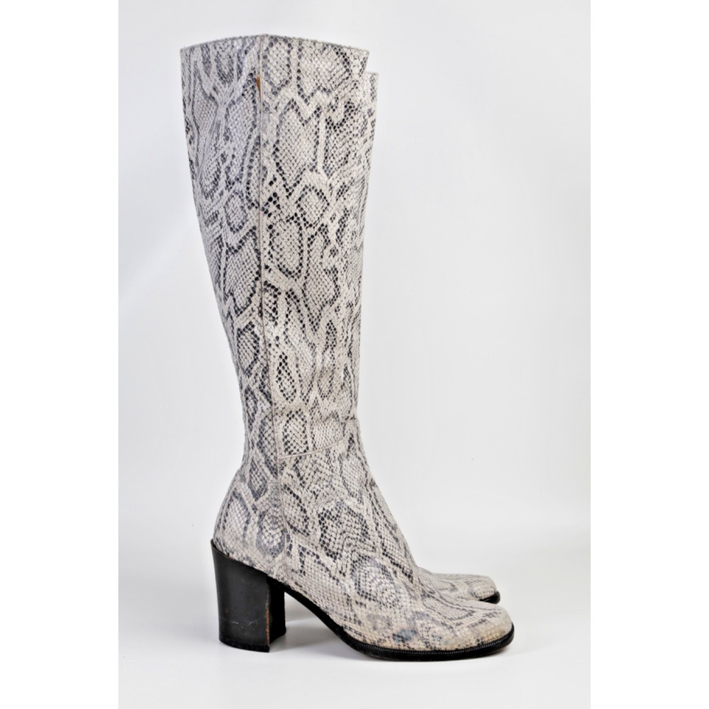 Calvin Klein Dawna Knee High Boots Snake Print Leather Block Heel Size 5.5 M